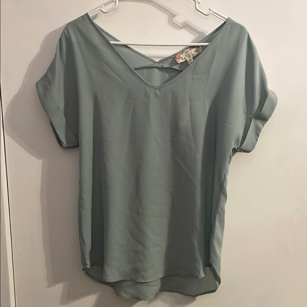 Pink Rose Green Blouse with Cuffed Sleeves and Relaxed Fit